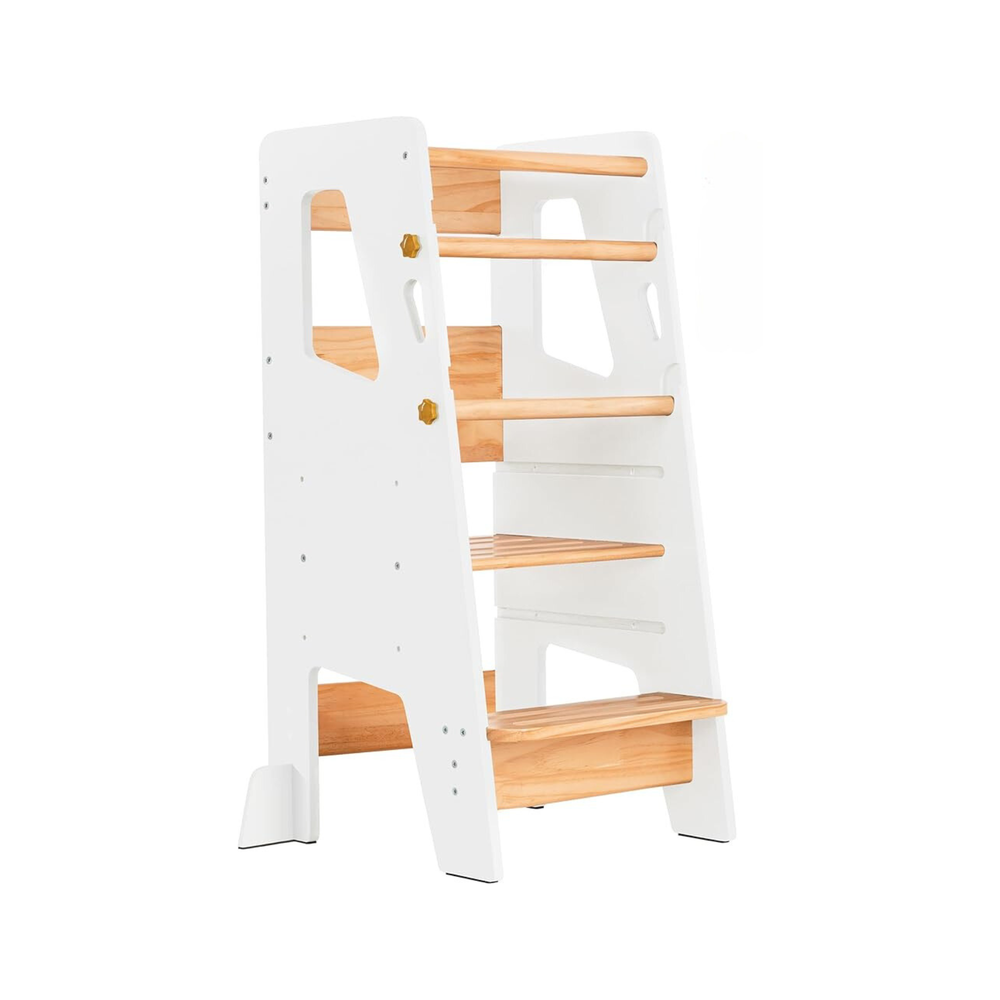 Adjustable wooden toddler step stool with safety rails